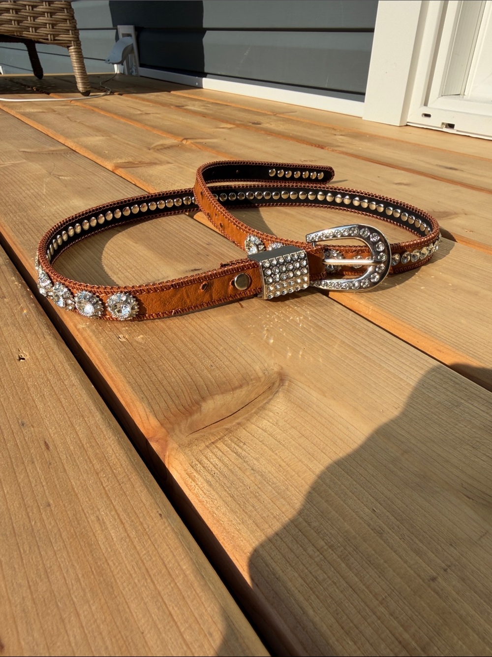Rhinestone-Embellished Brown Leather Belt with Silver Buckle
